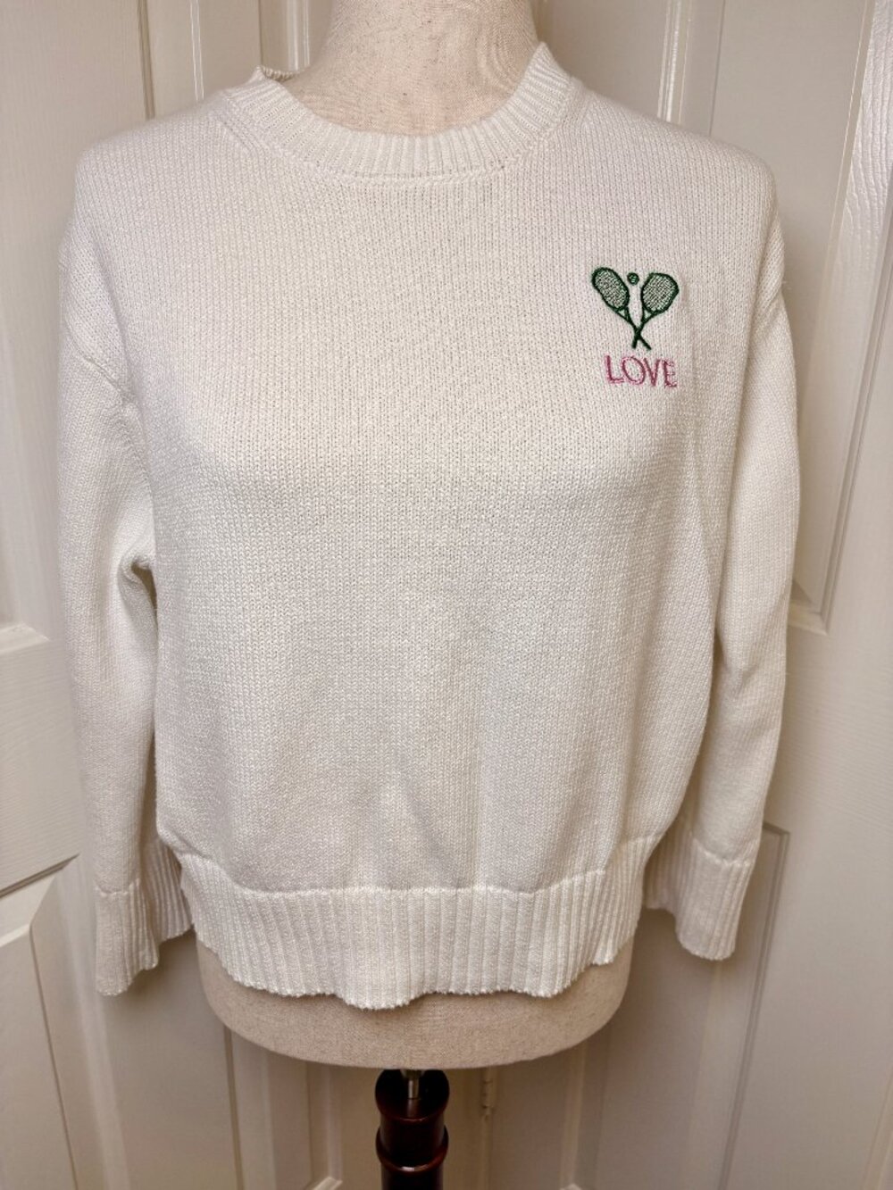 BRITT NY White Tennis Racket Love Crewneck Sweater Size Medium
